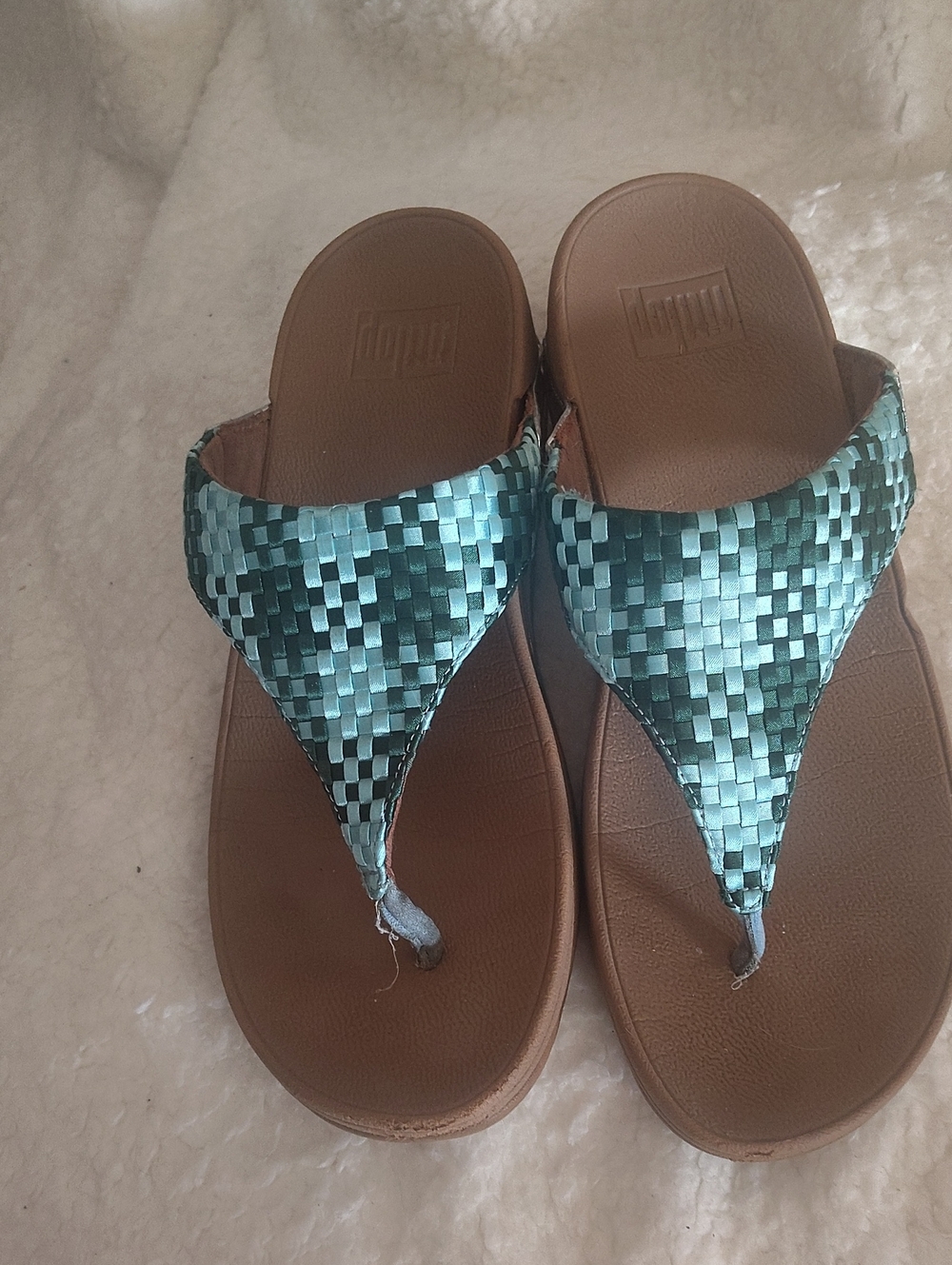 Fitflop Teal Woven Thong Sandals with Brown Footbed